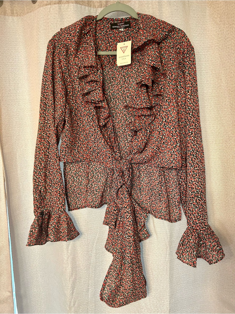 Guess Floral Ruffle Tie-Front Blouse - Red Multi XL